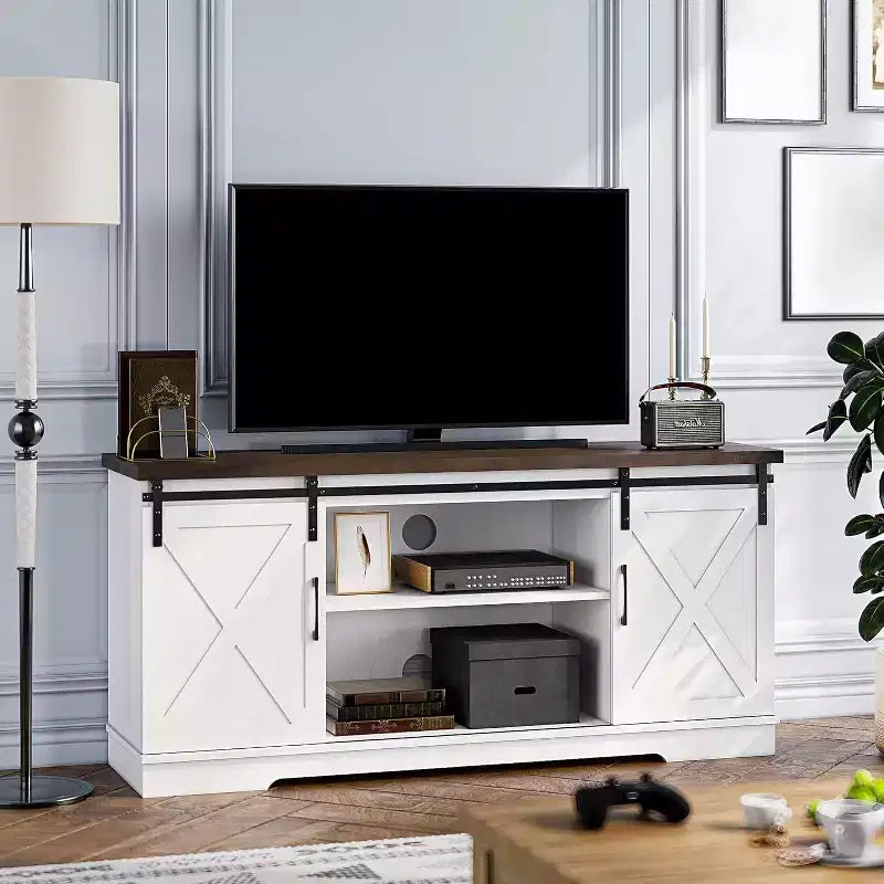 Gray/White Farmhouse TV Stand, 65" Barn Door Style, Single