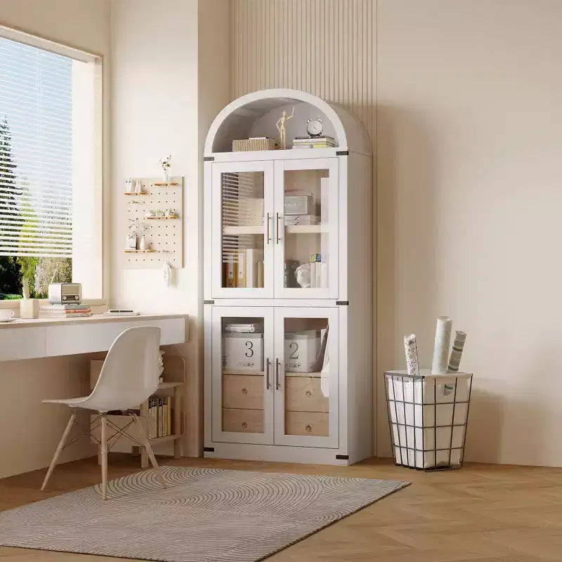 Libreria ad arco alta 183 cm, bianco/legno, vetrina con 2 cassetti, montaggio da 1 persona