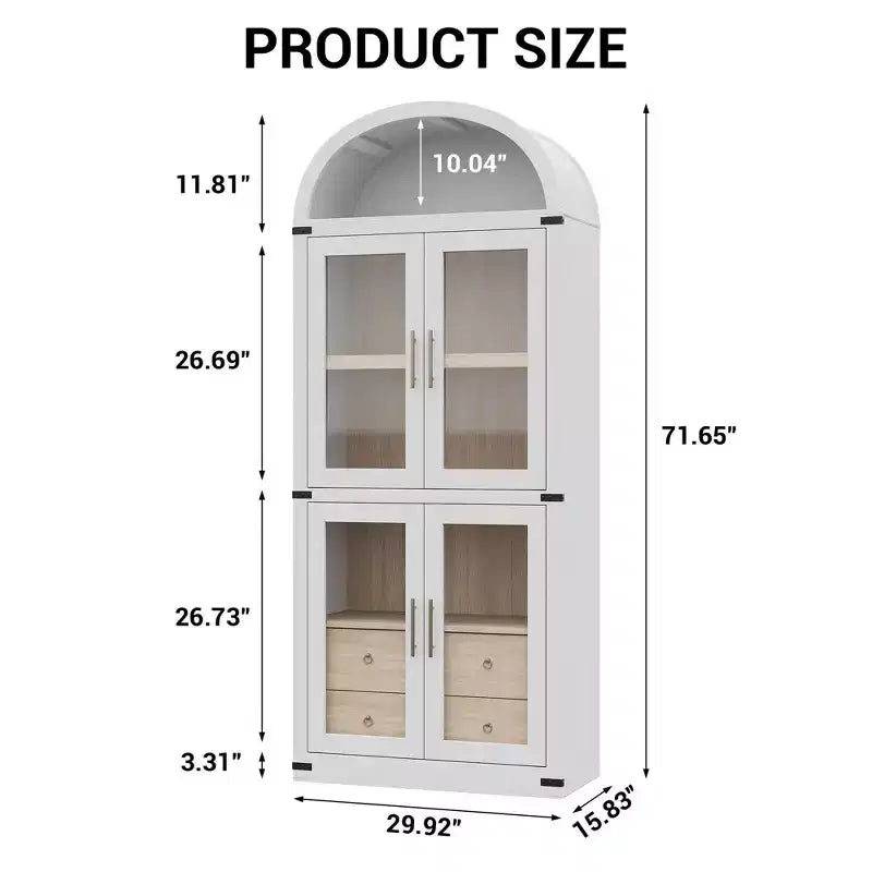 Libreria ad arco alta 183 cm, bianco/legno, vetrina con 2 cassetti, montaggio da 1 persona
