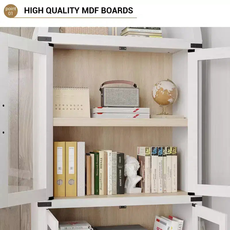 Libreria ad arco alta 183 cm, bianco/legno, vetrina con 2 cassetti, montaggio da 1 persona