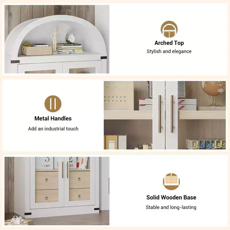 Libreria ad arco alta 183 cm, bianco/legno, vetrina con 2 cassetti, montaggio da 1 persona