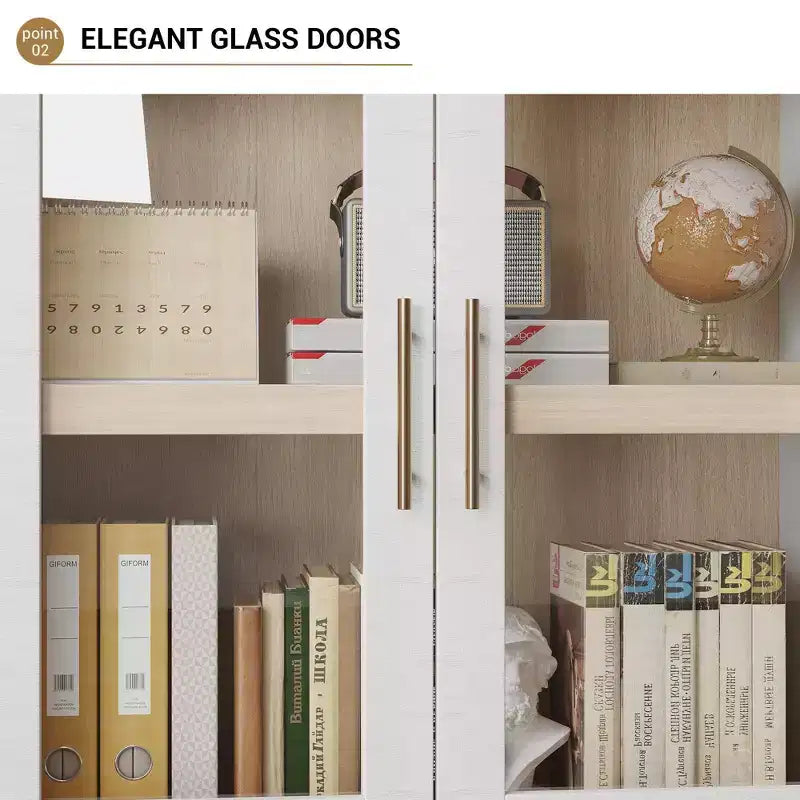 Libreria ad arco alta 183 cm, bianco/legno, vetrina con 2 cassetti, montaggio da 1 persona