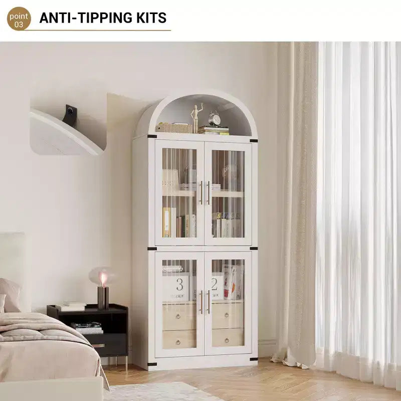 Libreria ad arco alta 183 cm, bianco/legno, vetrina con 2 cassetti, montaggio da 1 persona