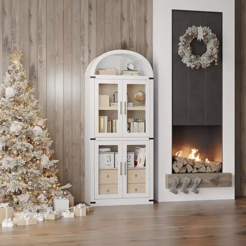 Libreria ad arco alta 183 cm, bianco/legno, vetrina con 2 cassetti, montaggio da 1 persona
