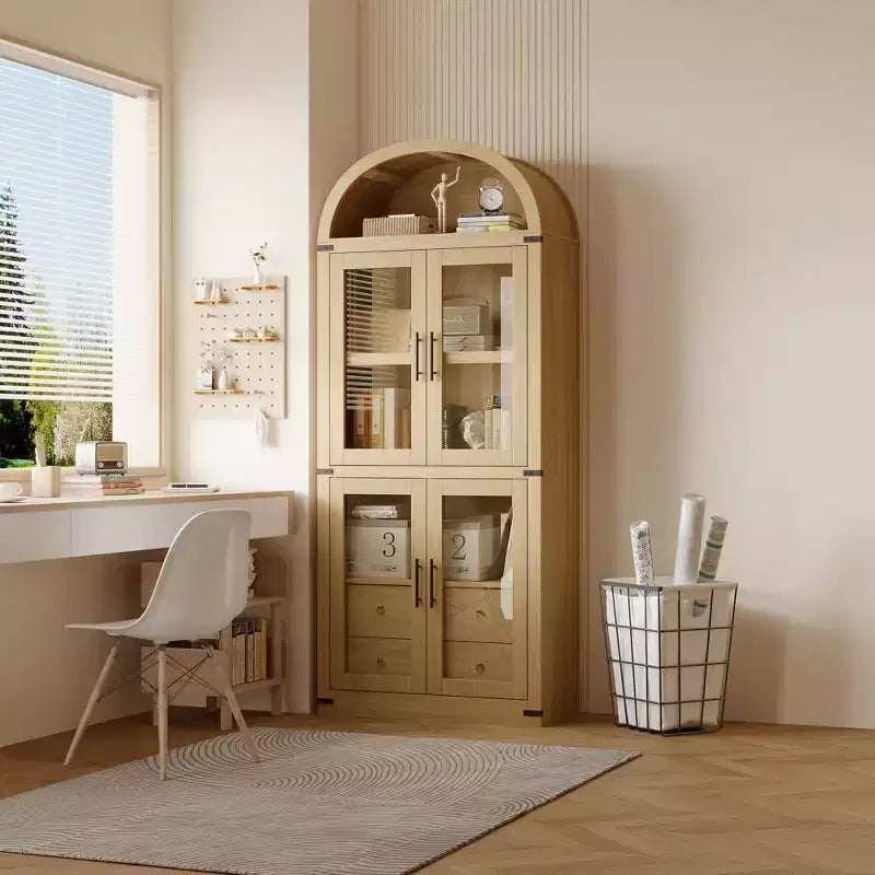 Libreria ad arco alta 183 cm, bianco/legno, vetrina con 2 cassetti, montaggio da 1 persona