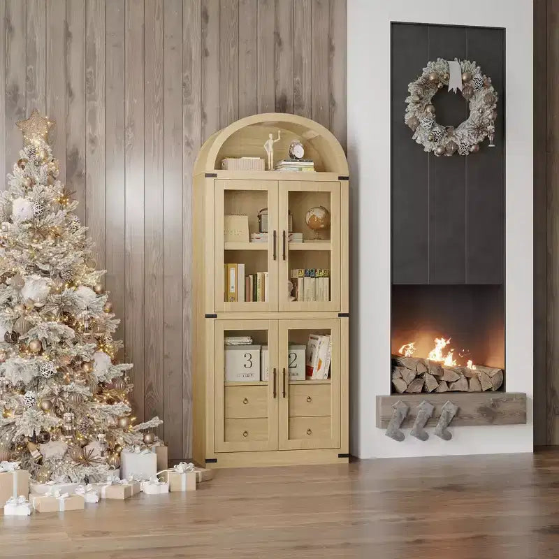 Libreria ad arco alta 183 cm, bianco/legno, vetrina con 2 cassetti, montaggio da 1 persona