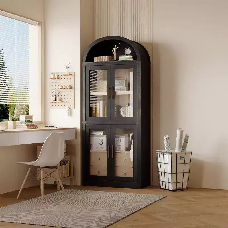 72" Tall Arched Bookcase, White/Wood, Glass Door Display Cabinet with 2 Drawers, 1-Person Assembly