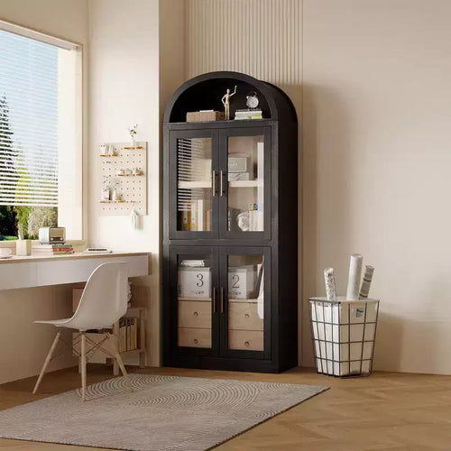 Libreria ad arco alta 183 cm, bianco/legno, vetrina con 2 cassetti, montaggio da 1 persona