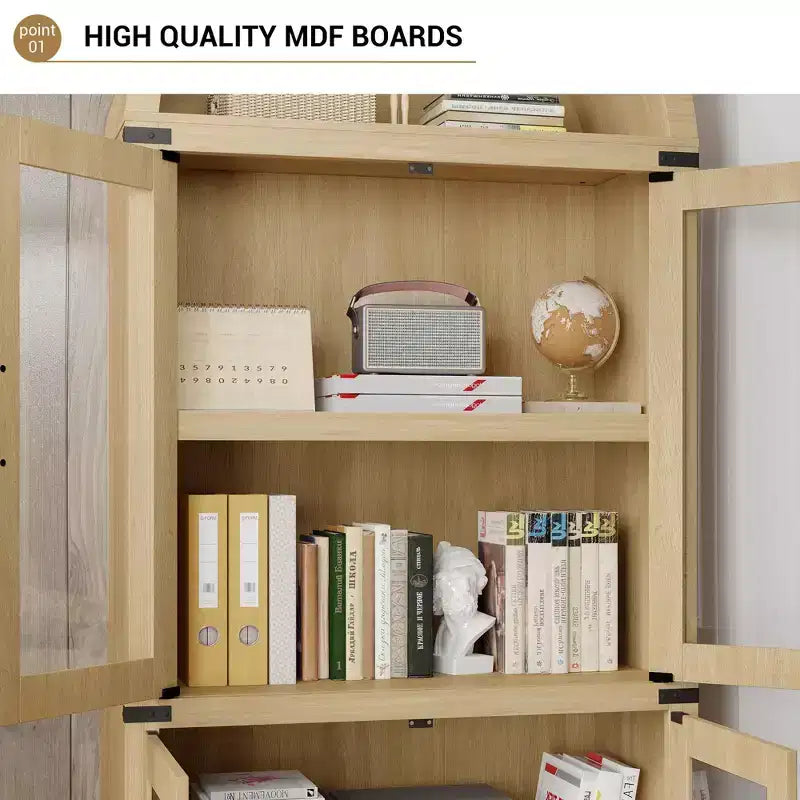 Libreria ad arco alta 183 cm, bianco/legno, vetrina con 2 cassetti, montaggio da 1 persona
