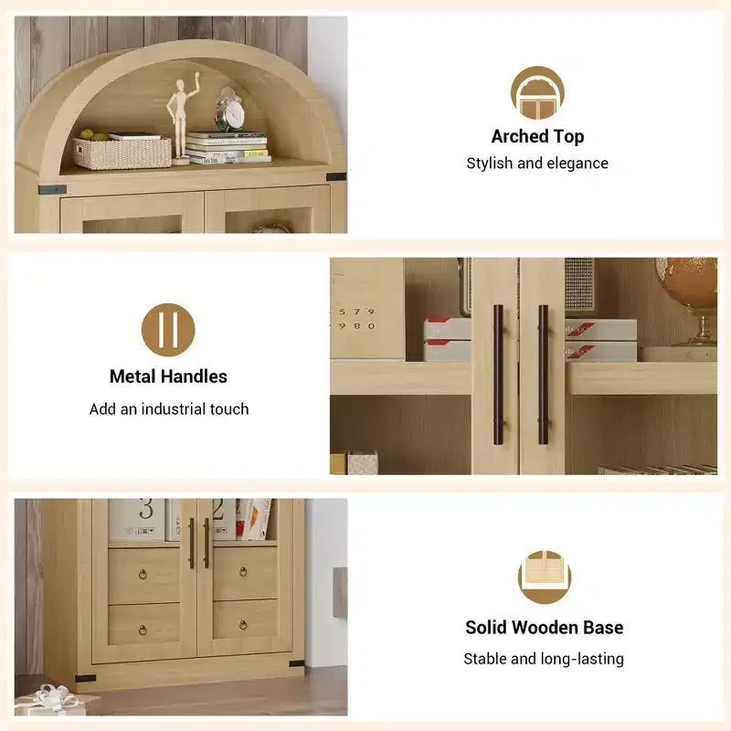 Libreria ad arco alta 183 cm, bianco/legno, vetrina con 2 cassetti, montaggio da 1 persona