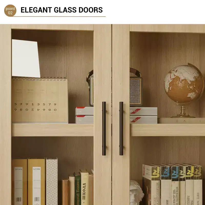 Libreria ad arco alta 183 cm, bianco/legno, vetrina con 2 cassetti, montaggio da 1 persona