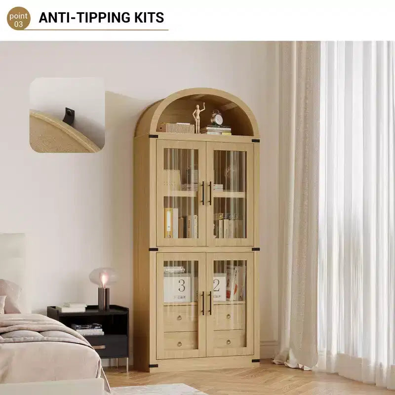 Libreria ad arco alta 183 cm, bianco/legno, vetrina con 2 cassetti, montaggio da 1 persona
