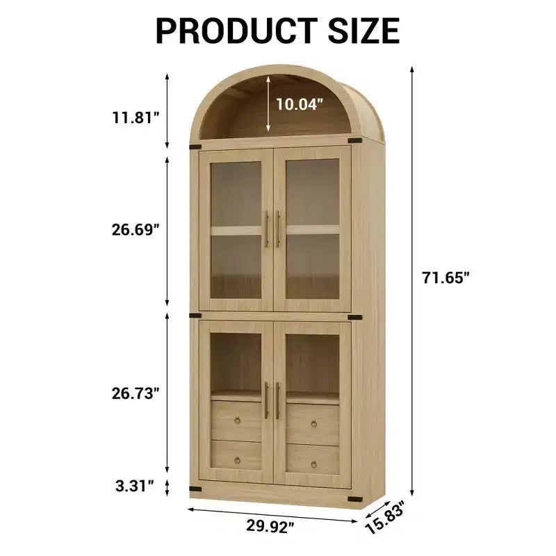 Libreria ad arco alta 183 cm, bianco/legno, vetrina con 2 cassetti, montaggio da 1 persona