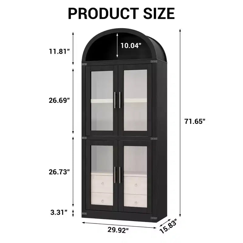 72" Tall Arched Bookcase, White/Wood, Glass Door Display Cabinet with 2 Drawers, 1-Person Assembly
