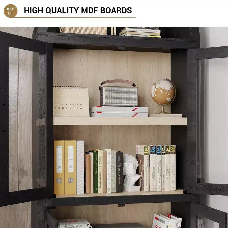 72" Tall Arched Bookcase, White/Wood, Glass Door Display Cabinet with 2 Drawers, 1-Person Assembly