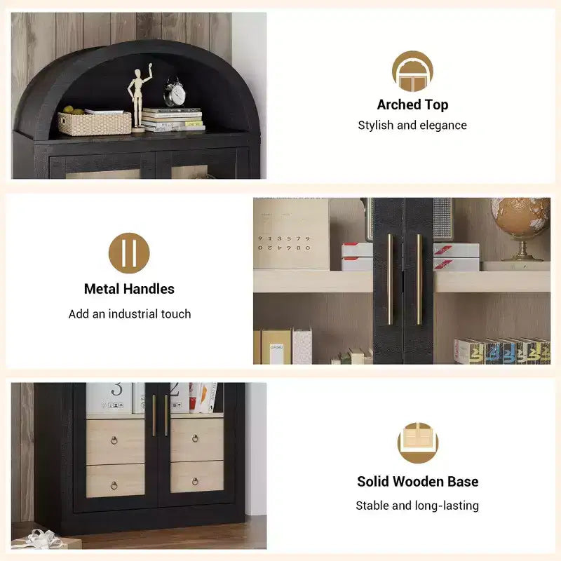 72" Tall Arched Bookcase, White/Wood, Glass Door Display Cabinet with 2 Drawers, 1-Person Assembly