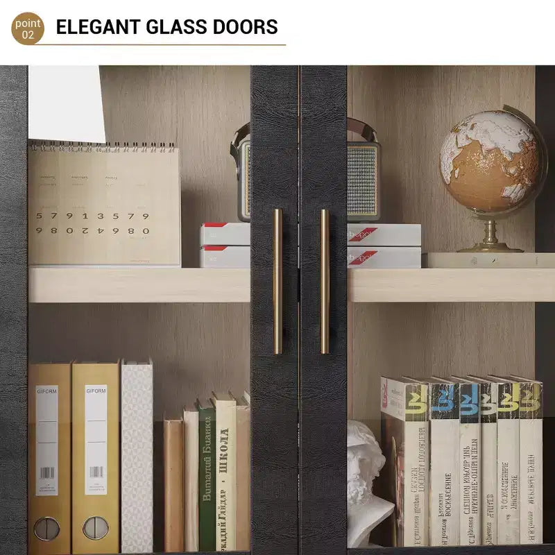 Libreria ad arco alta 183 cm, bianco/legno, vetrina con 2 cassetti, montaggio da 1 persona