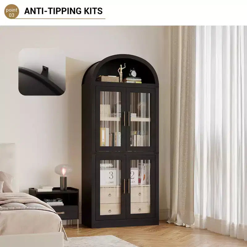 Libreria ad arco alta 183 cm, bianco/legno, vetrina con 2 cassetti, montaggio da 1 persona