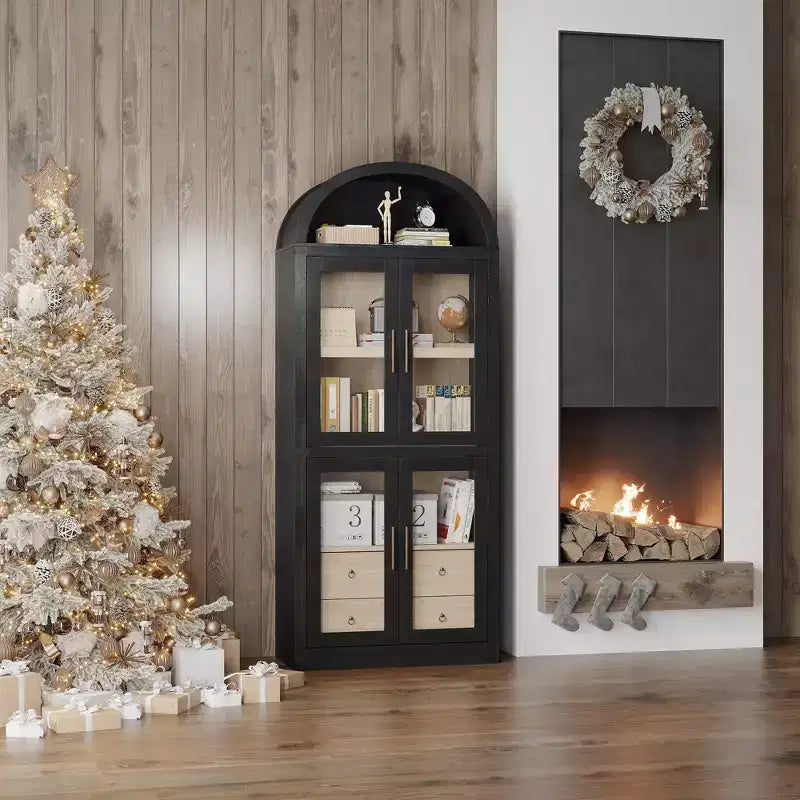 Libreria ad arco alta 183 cm, bianco/legno, vetrina con 2 cassetti, montaggio da 1 persona