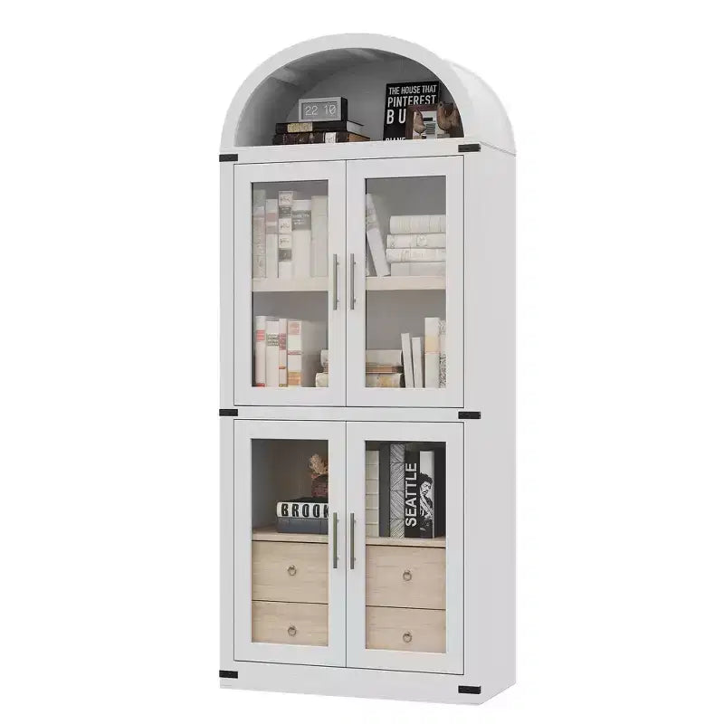 72" Tall Arched Bookcase, White/Wood, Glass Door Display Cabinet with 2 Drawers, 1-Person Assembly