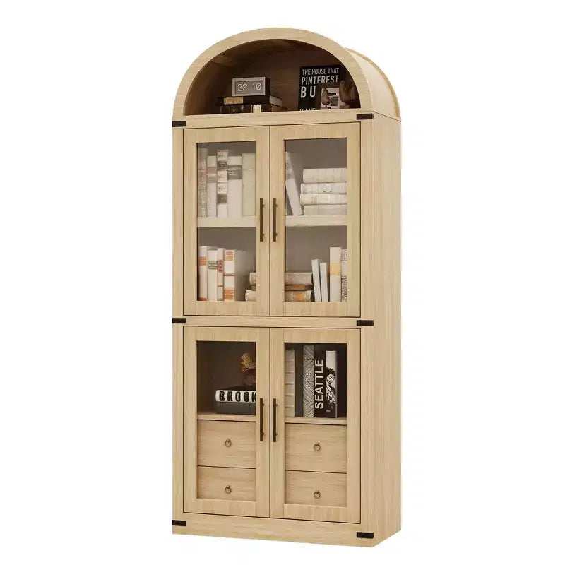 72" Tall Arched Bookcase, White/Wood, Glass Door Display Cabinet with 2 Drawers, 1-Person Assembly