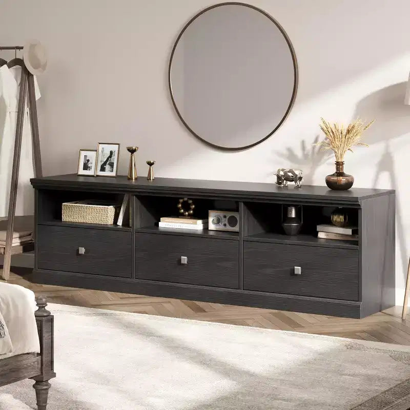 70" TV Stand, Black/Natural, Fits TVs up to 75"