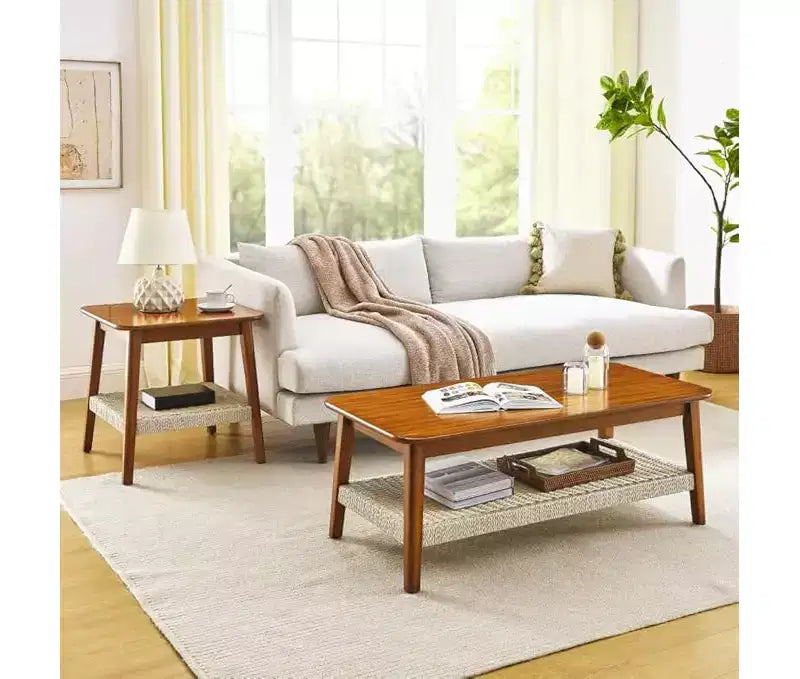 Tavolino rettangolare noce scuro con ripiano in rattan intrecciato, base a 4 gambe, 1-4 posti a sedere