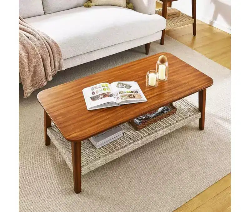 Tavolino rettangolare noce scuro con ripiano in rattan intrecciato, base a 4 gambe, 1-4 posti a sedere
