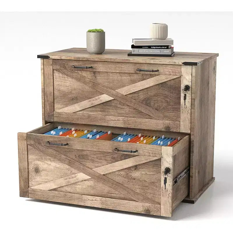 Rustic Brown/Gray Farmhouse Wood File Cabinet with Lock, 3-Drawer or Lateral 2-Drawer, for 1 User