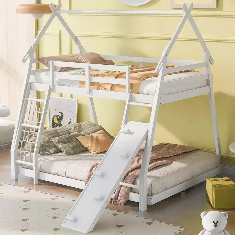 Letto a castello matrimoniale/Queen naturale/bianco con rampa per arrampicata, 2 posti letto