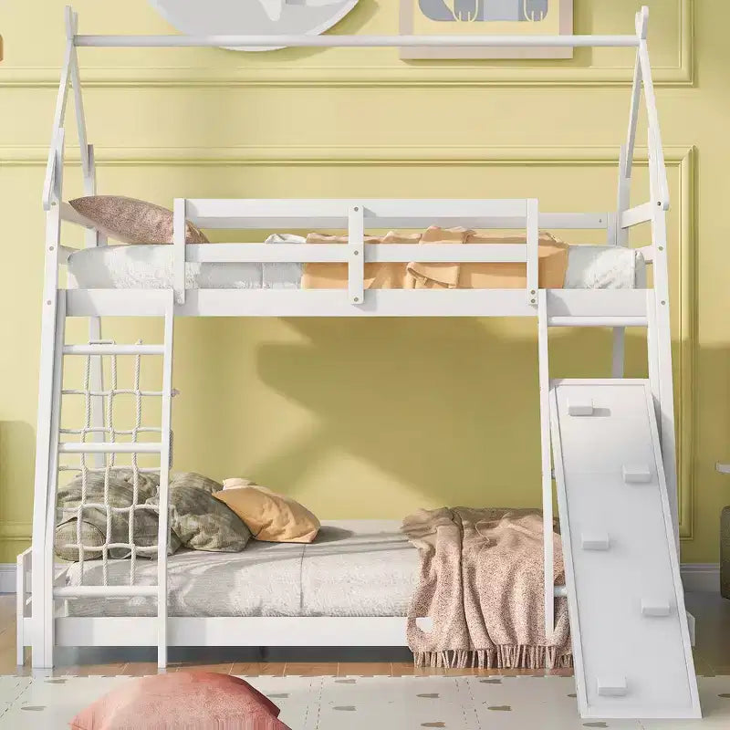 Letto a castello matrimoniale/Queen naturale/bianco con rampa per arrampicata, 2 posti letto