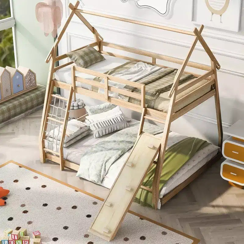 Letto a castello matrimoniale/Queen naturale/bianco con rampa per arrampicata, 2 posti letto