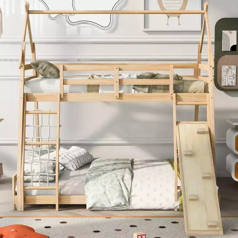 Letto a castello matrimoniale/Queen naturale/bianco con rampa per arrampicata, 2 posti letto