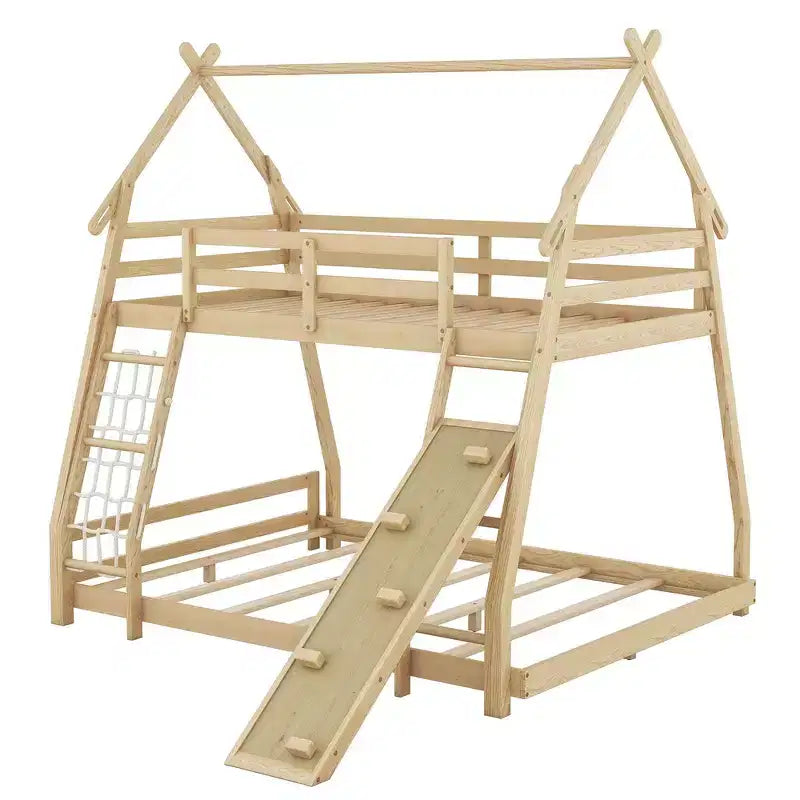 Natural / White Twin over Queen Bunk Bed with Climbing Ramp, Sleeps 2