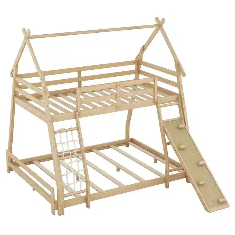 Natural / White Twin over Queen Bunk Bed with Climbing Ramp, Sleeps 2
