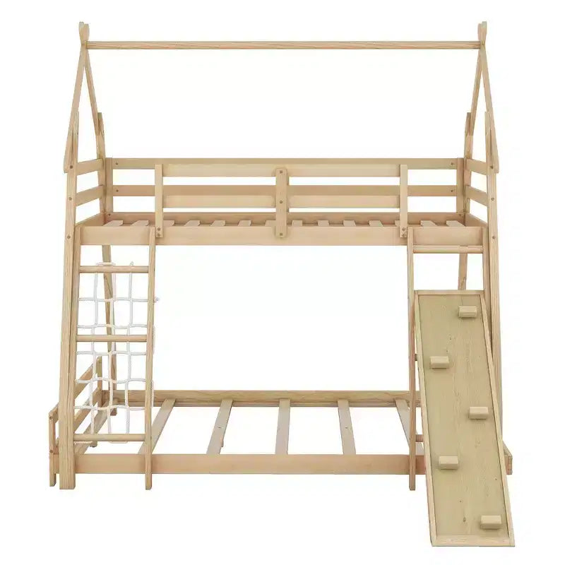 Letto a castello matrimoniale/Queen naturale/bianco con rampa per arrampicata, 2 posti letto