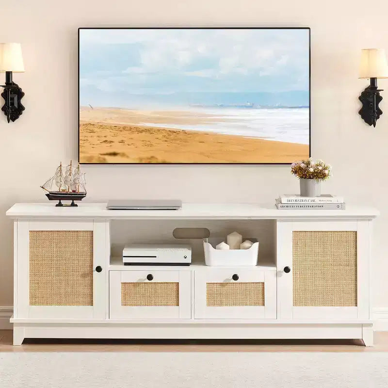 Rattan TV Stand for 65in, White Modern Console Table with Storage, Entertainment Center Cabinet, Wood TV Console Media Cabinet Furniture