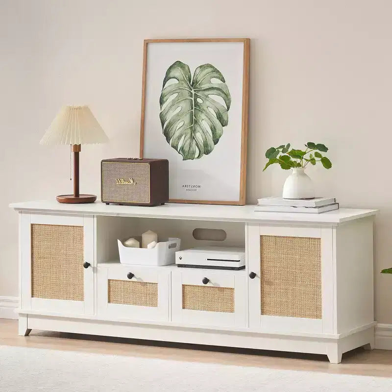 White Rattan TV Stand with Storage, 2 Doors & 2 Drawers, Fits up to 65 in., for 1 Room