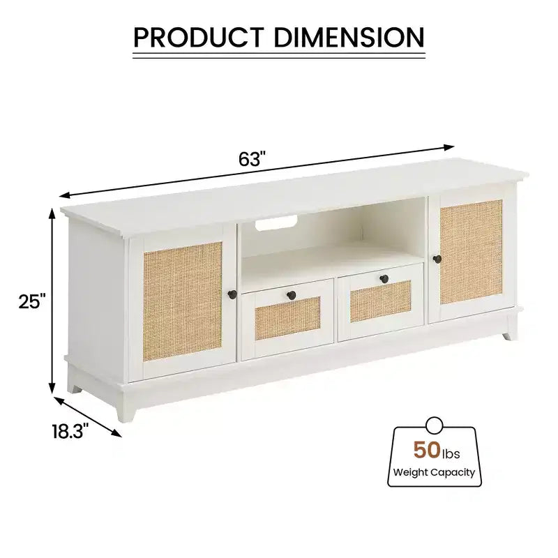 White Rattan TV Stand with Storage, 2 Doors & 2 Drawers, Fits up to 65 in., for 1 Room