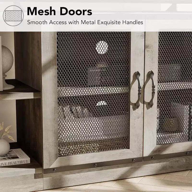 Mobile TV industriale grigio/rovere scuro da 160 cm con ante a rete, adatto a TV fino a 75"