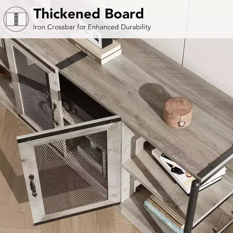 Mobile TV industriale grigio/rovere scuro da 160 cm con ante a rete, adatto a TV fino a 75"