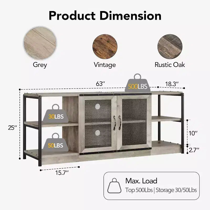 Mobile TV industriale grigio/rovere scuro da 160 cm con ante a rete, adatto a TV fino a 75"