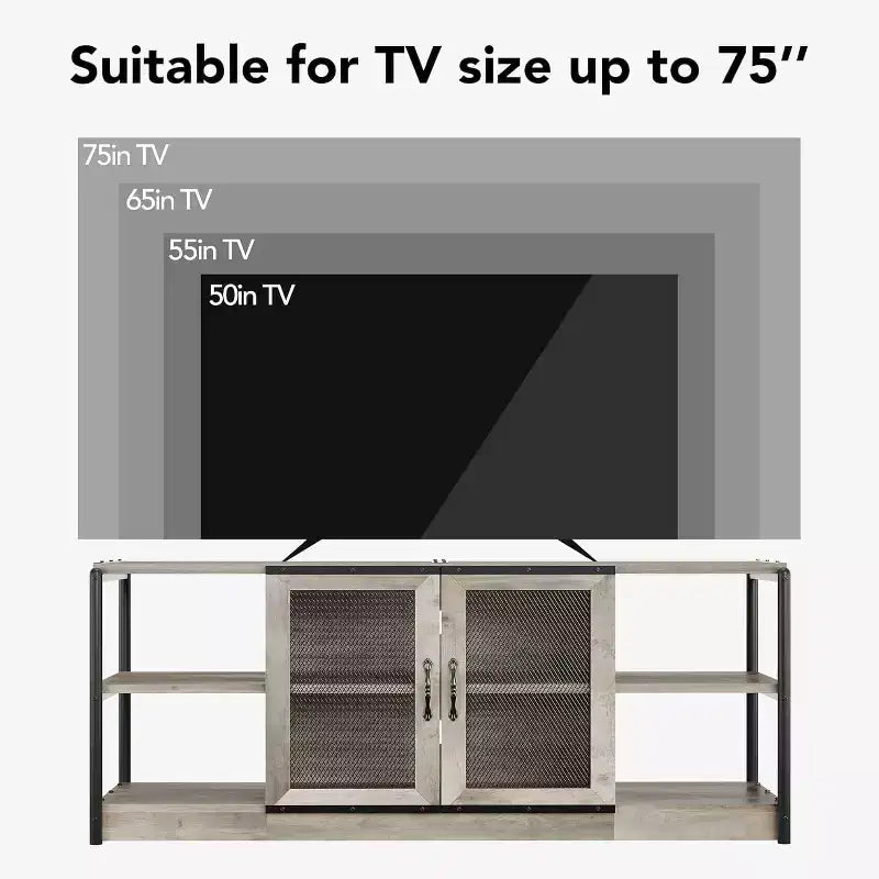 Mobile TV industriale grigio/rovere scuro da 160 cm con ante a rete, adatto a TV fino a 75"
