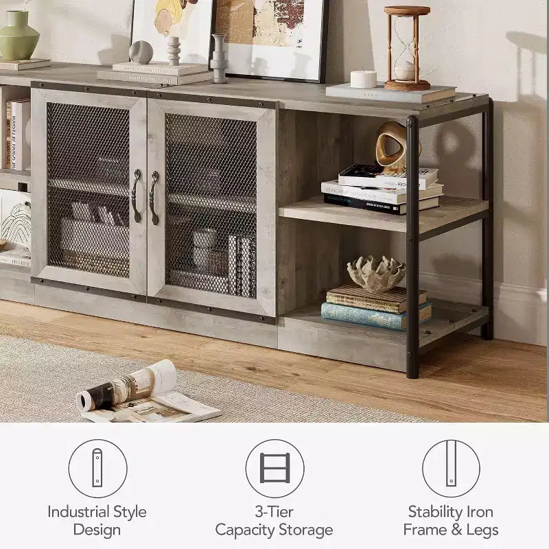 Mobile TV industriale grigio/rovere scuro da 160 cm con ante a rete, adatto a TV fino a 75"