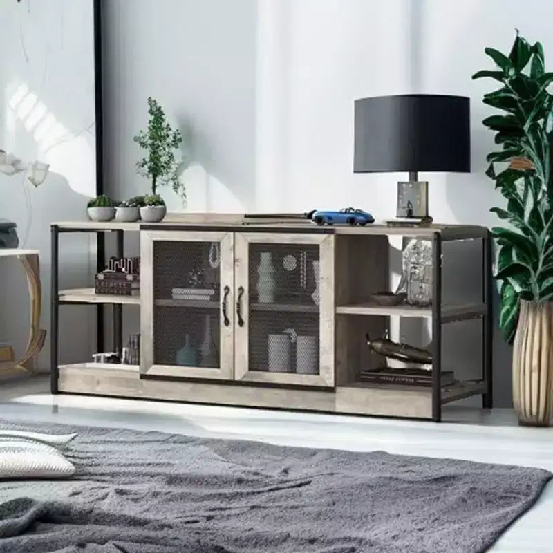 Mobile TV industriale grigio/rovere scuro da 160 cm con ante a rete, adatto a TV fino a 75"