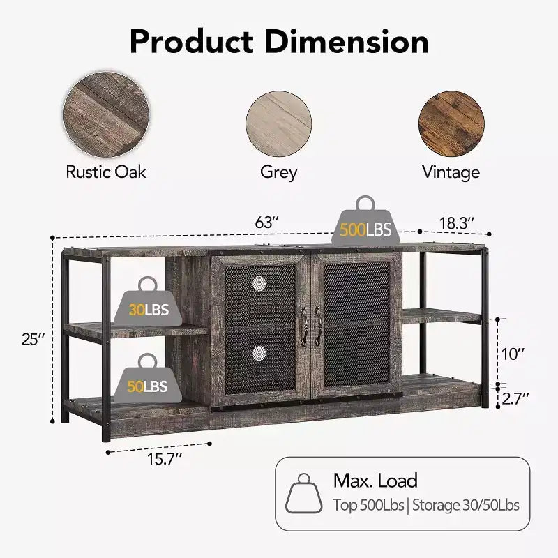 Mobile TV industriale grigio/rovere scuro da 160 cm con ante a rete, adatto a TV fino a 75"