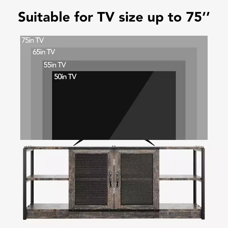 Mobile TV industriale grigio/rovere scuro da 160 cm con ante a rete, adatto a TV fino a 75"