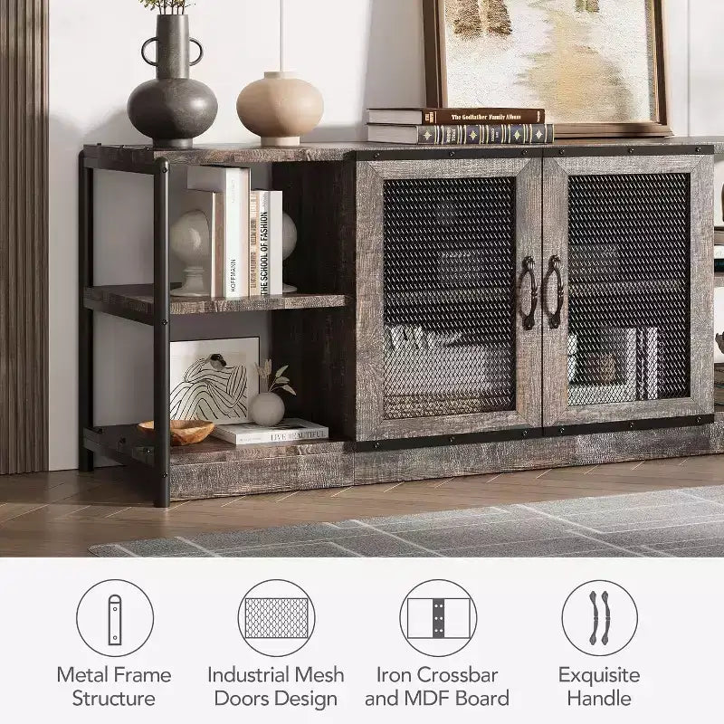 Mobile TV industriale grigio/rovere scuro da 160 cm con ante a rete, adatto a TV fino a 75"