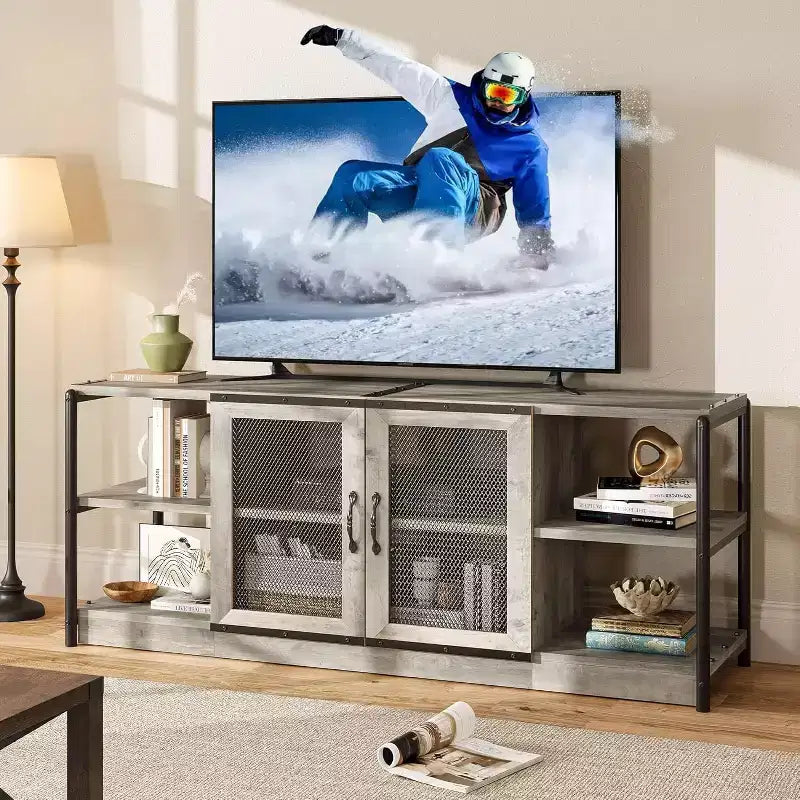 63" Dark Oak / Grey Industrial TV Stand with Mesh Doors, Fits up to 75" TVs