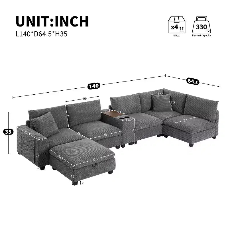 Divano sezionale a U da 142", beige/grigio scuro, ciniglia, 6 posti